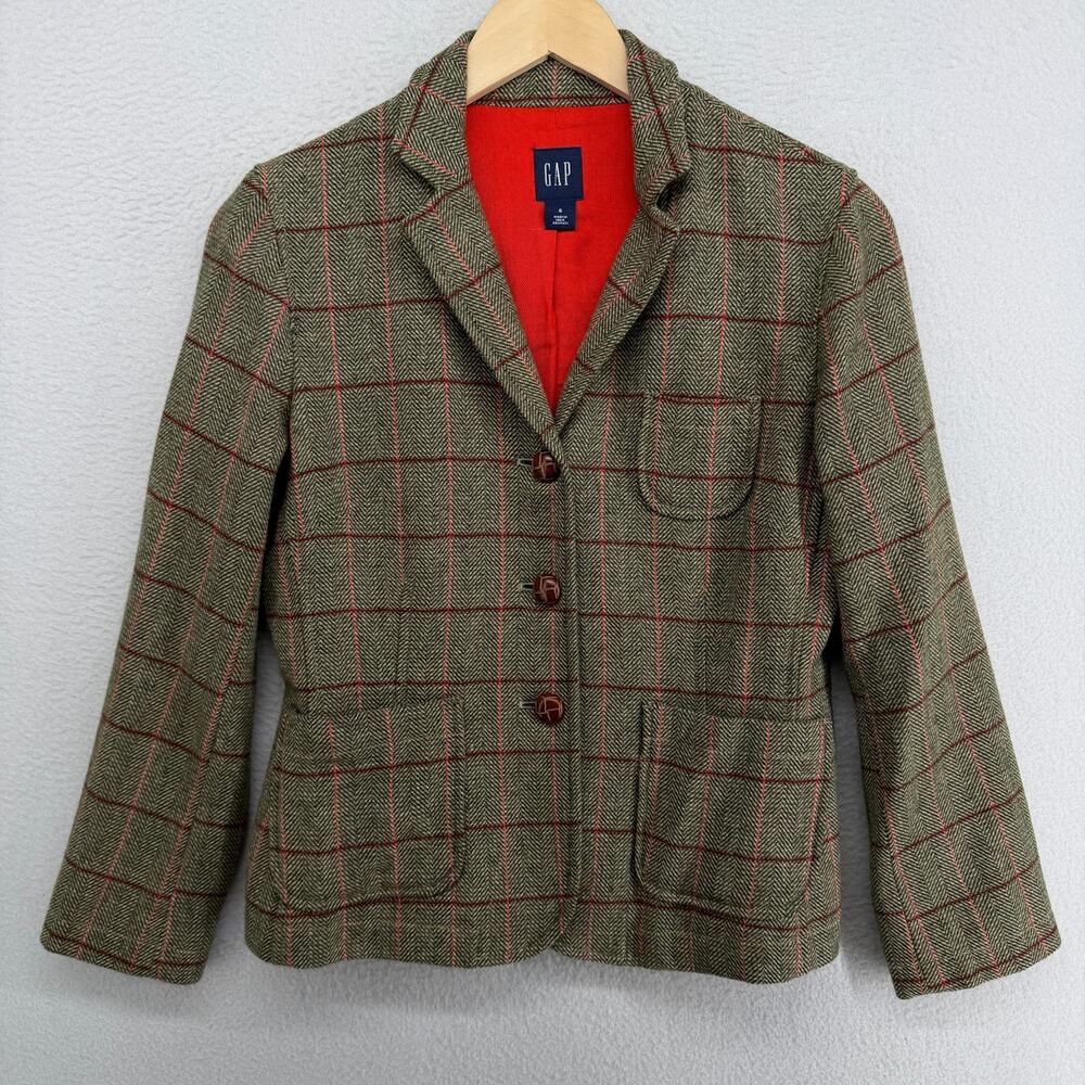 GAP Blazer Womens 6 Academy Herringbone Check Tweed Jacket Wool Blend Green VTG